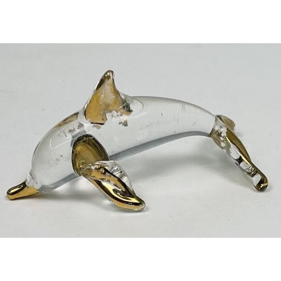 VTG 2" Miniature Handblown Glass DOLPHIN FIGURINE Clear w/ Gold Accent Fin Tail - Picture 1 of 3